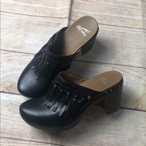 Dansko Women's Deni Black Leather Fringe Clog